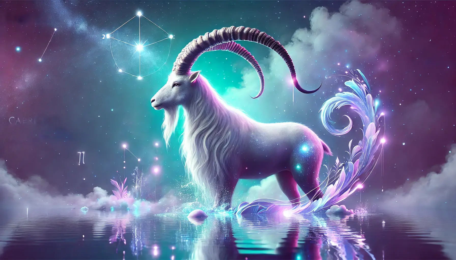 Capricorn sea-goat partially submerged in a glowing lake at night.